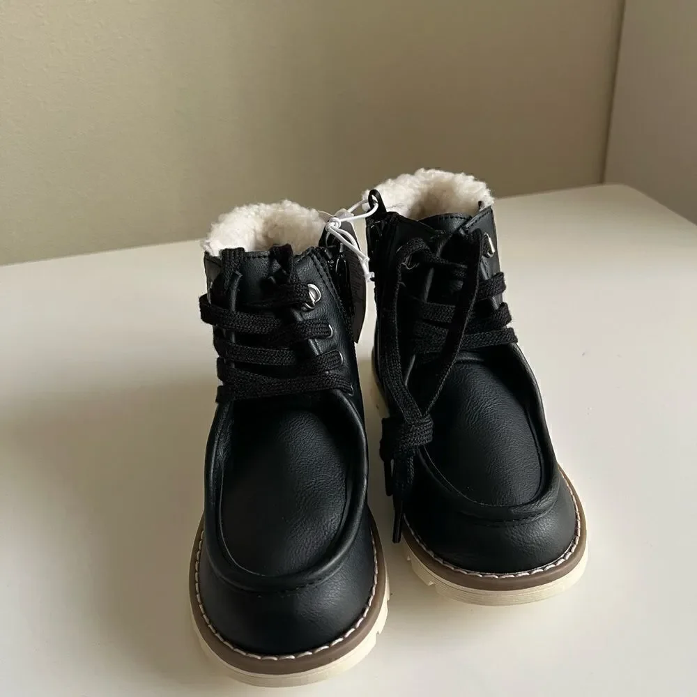 Old Navy Faux-Leather Lace-Up Sherpa-Lined Boots for Toddler Boys size 11